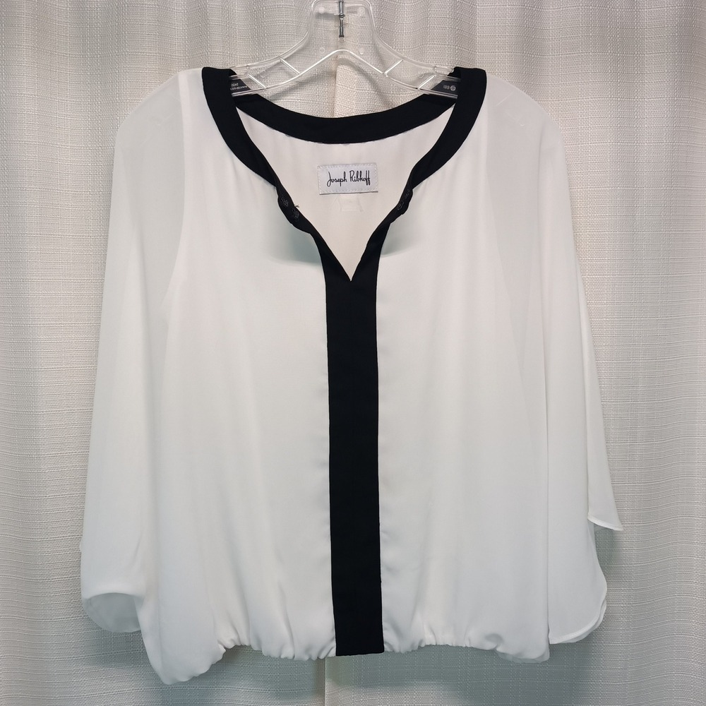 Joseph Ribkoff White Black Contrast Trim Bubble Hem Blouse Womens M Office Glam - Picture 1 of 7